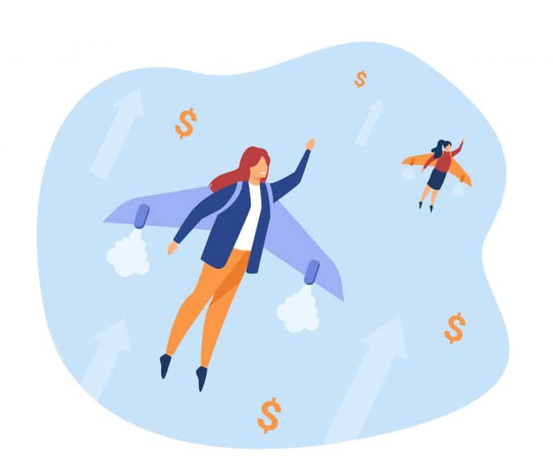 Happy businesswomen flying on jet backpack. Money, growth, increase flat vector illustration. Business success and achievement concept for banner, website design or landing web page